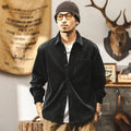 Men's retro corduroy long-sleeved shirt jacket in red or black, loose fit.
