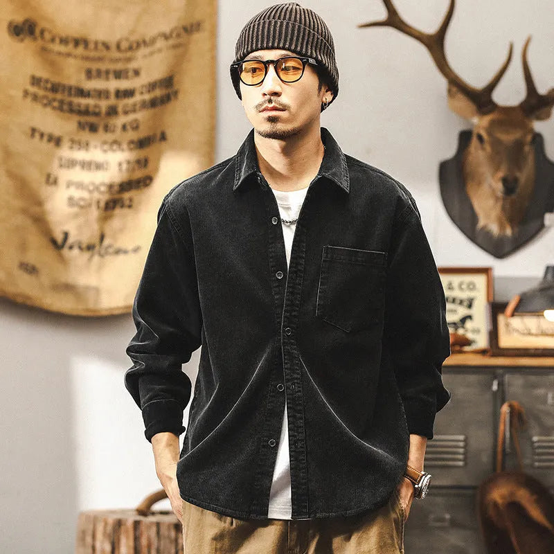 Men's retro corduroy long-sleeved shirt jacket in red or black, loose fit.