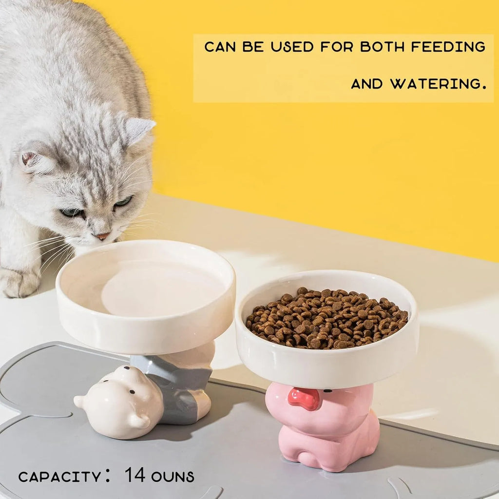 Ceramic raised pet bowl in animal design, showing wide 15cm opening and 4.92-inch elevation.