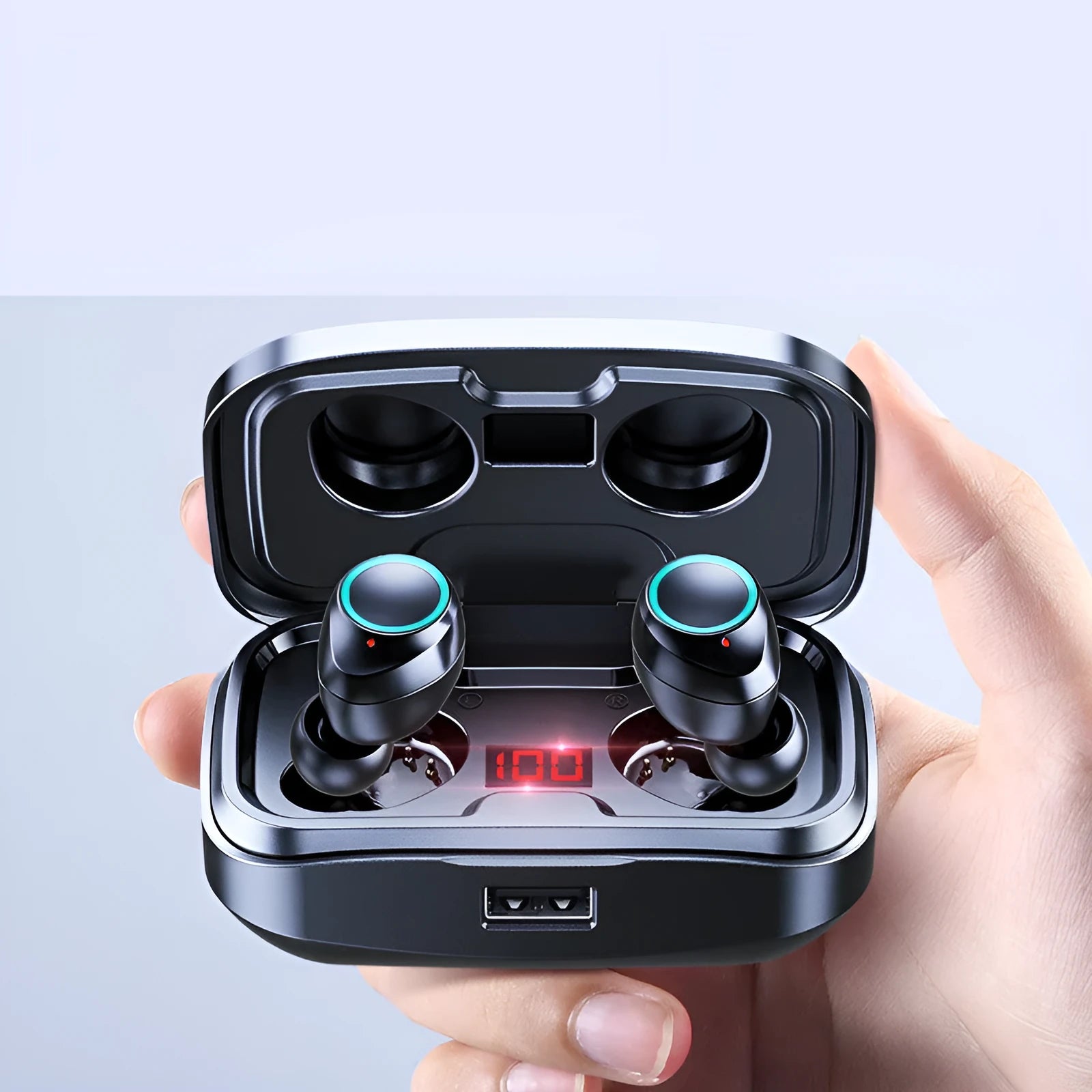Black wireless Bluetooth in-ear earphones showing earpiece design