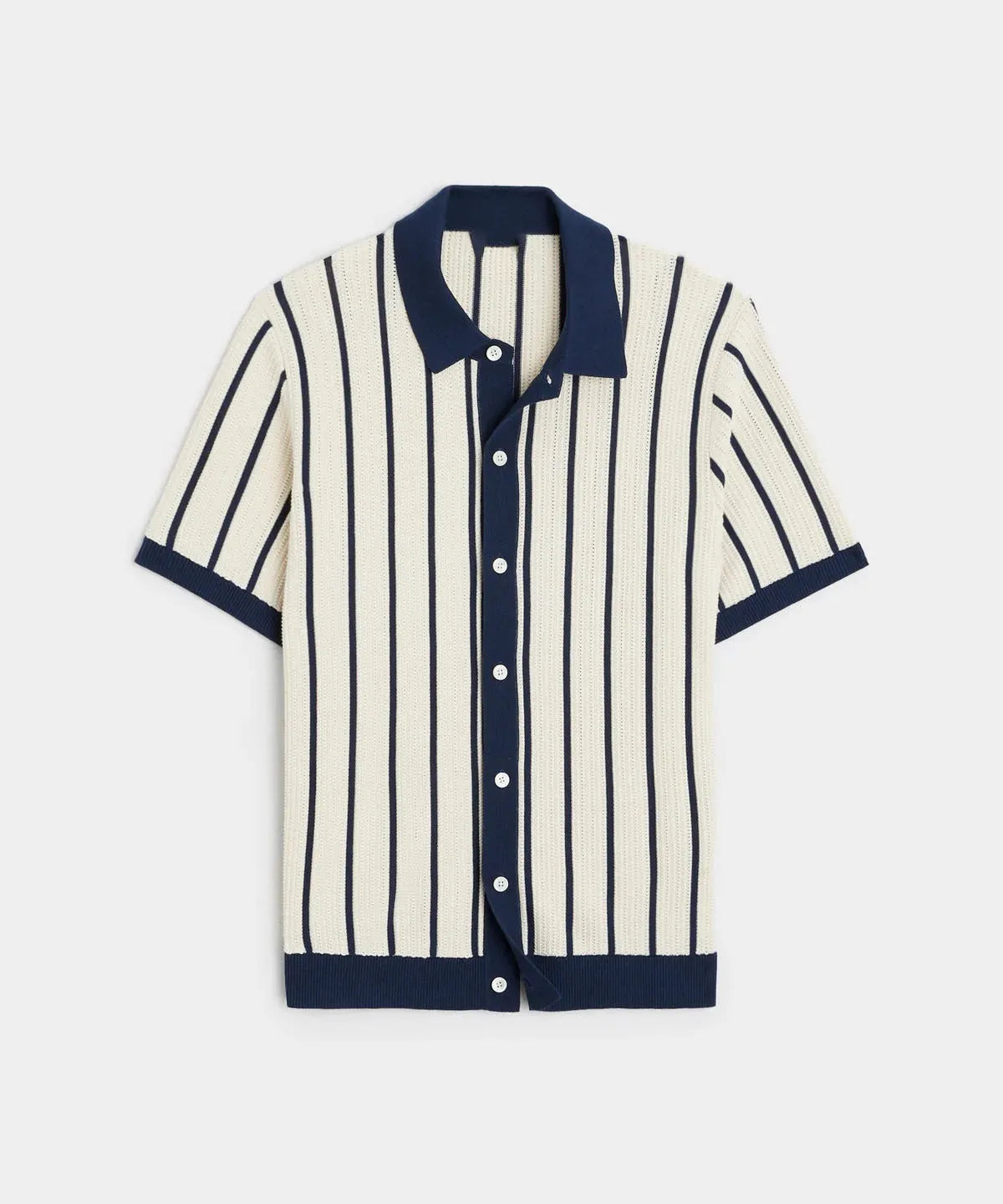 White men's knitted jumper with asymmetric design and striped pattern, featuring a lapel collar and short sleeves.