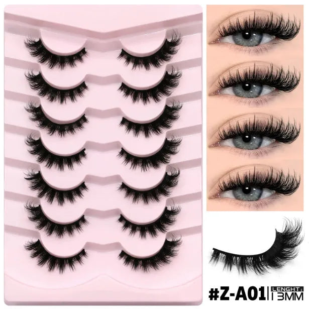 Box of artificial fibre false eyelashes with six style options and included adhesive tube