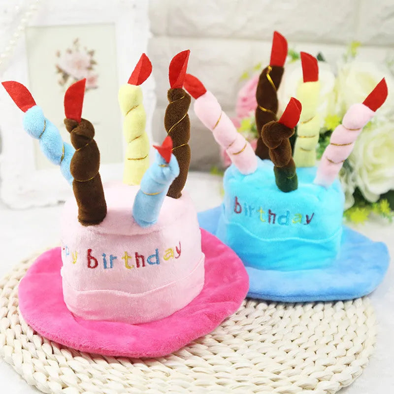 Blue and pink dog birthday hats showing dimensions of 21cm x 15cm x 6.5cm