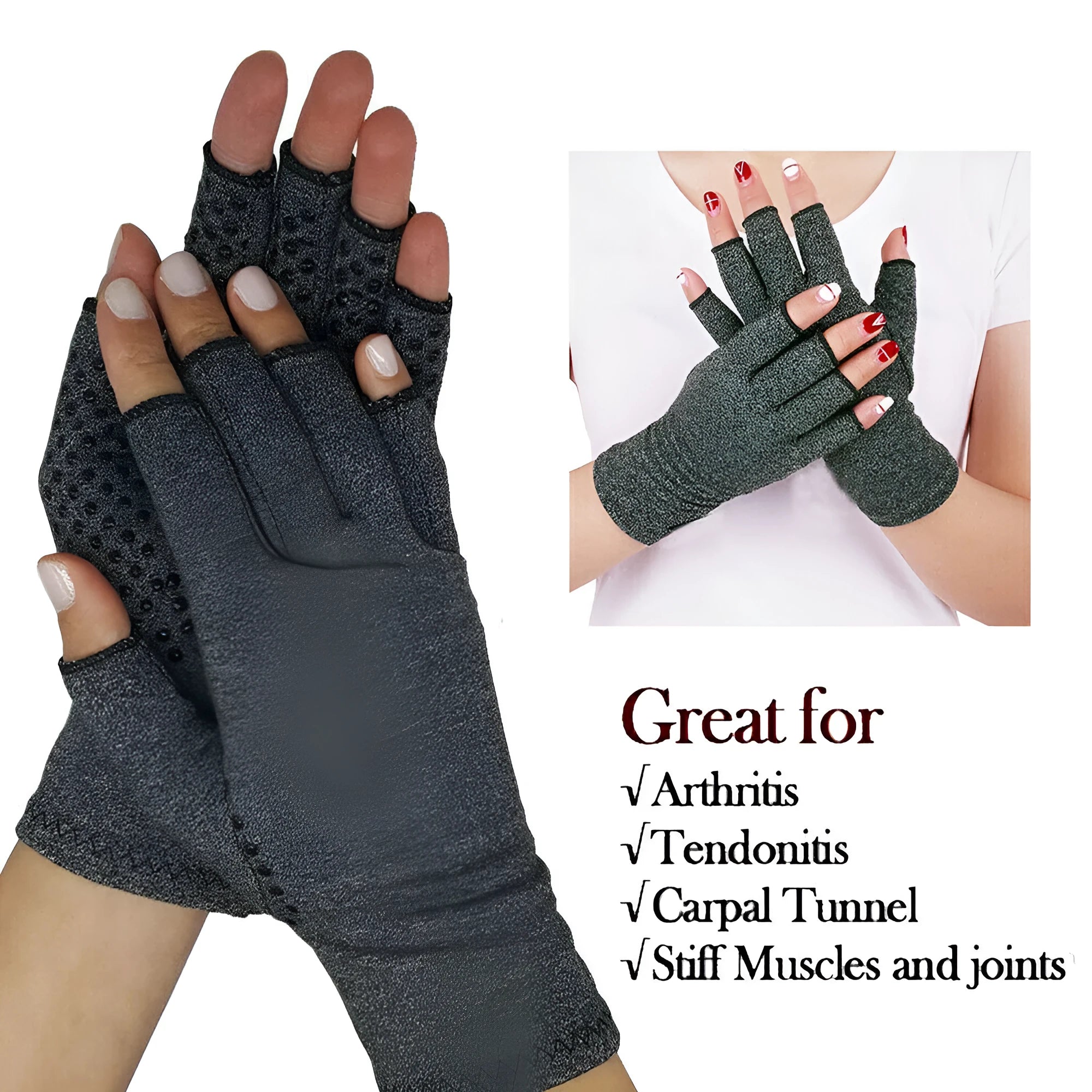 Grey half-finger compression gloves for arthritis with anti-slip palm grip.