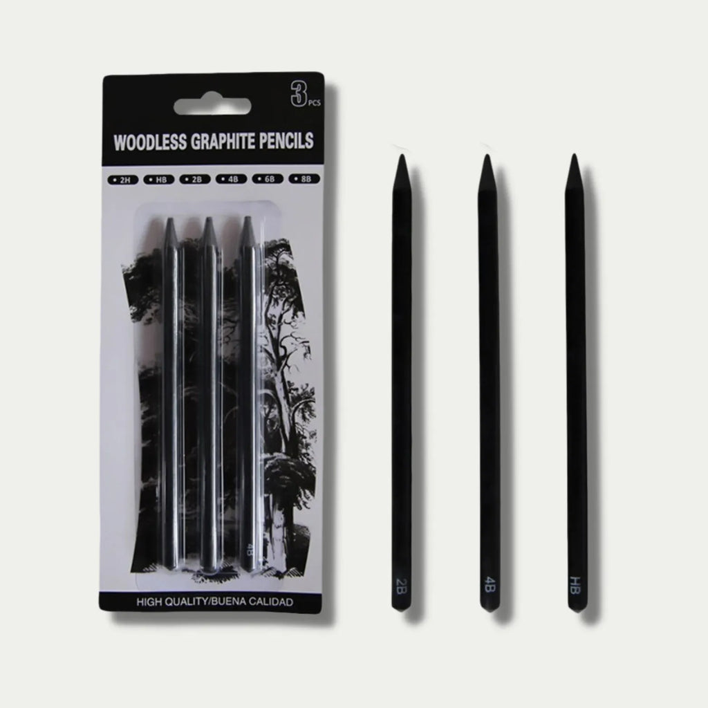 Set of six graphite sketching pencils for art, showing wood-free full lead construction.