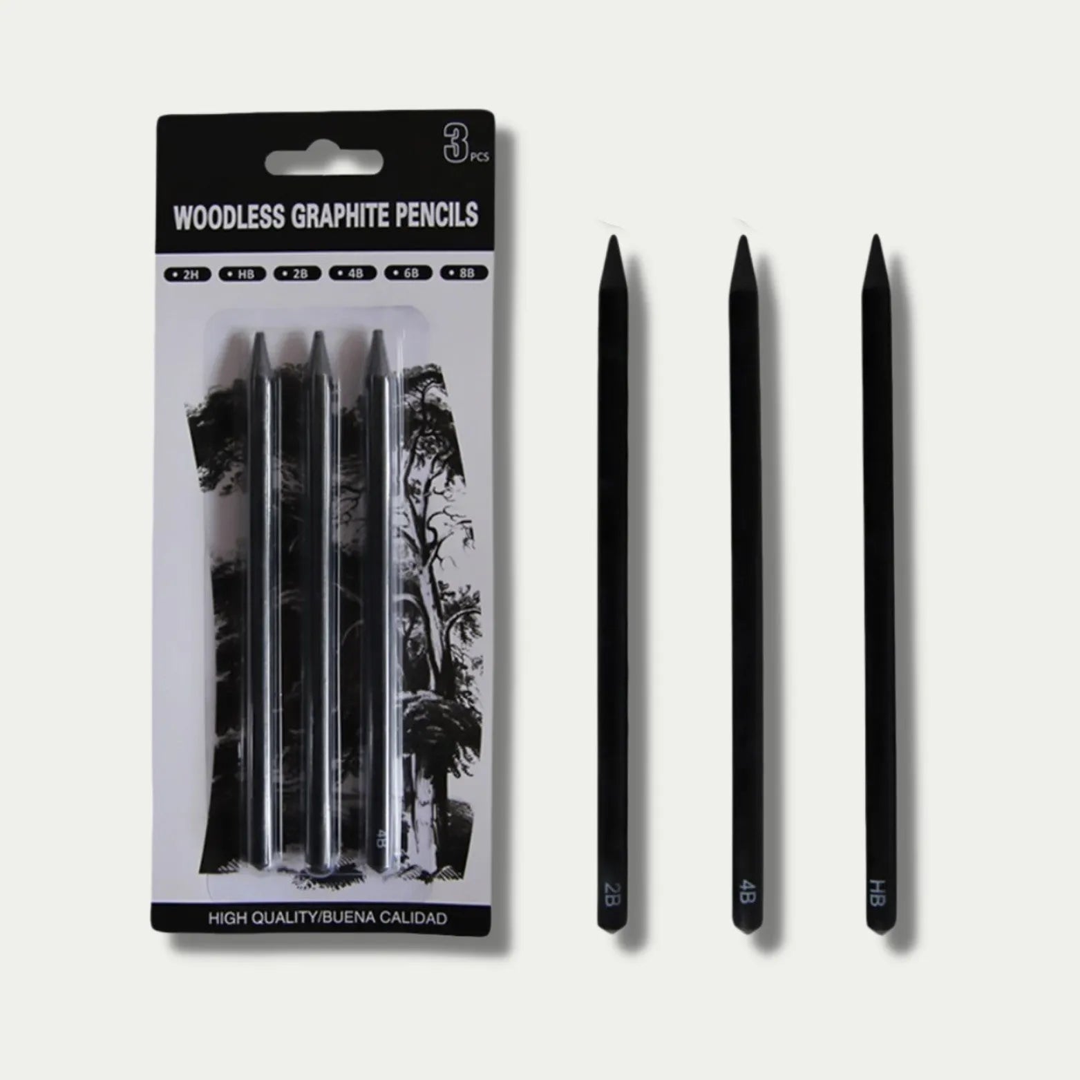 Set of six graphite sketching pencils for art, showing wood-free full lead construction.