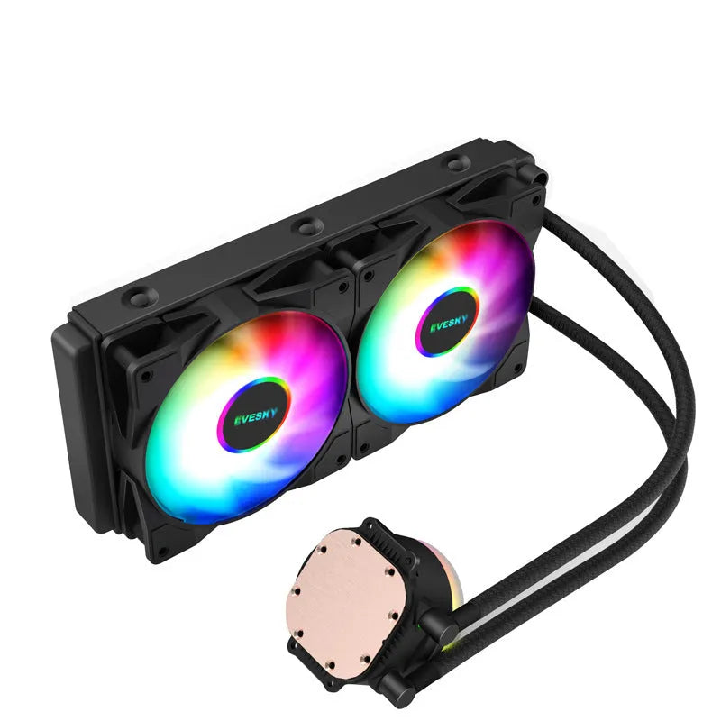 Aluminium CPU radiator with RGB fan lighting mounted in a gaming PC case.