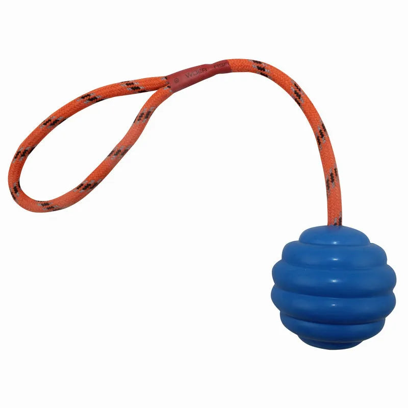 Multi-colour rubber dog ball toy with rope knot handle measuring 6x30cm