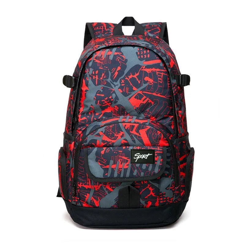 Blue large nylon backpack with adjustable straps on a plain background.