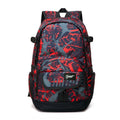 Blue large nylon backpack with adjustable straps on a plain background.