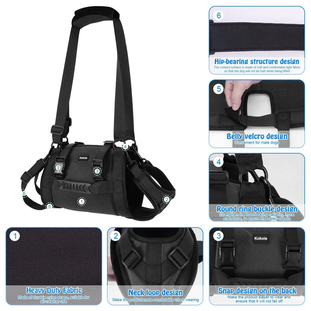 Black Oxford cloth dog harness with adjustable breast strap and leg support design