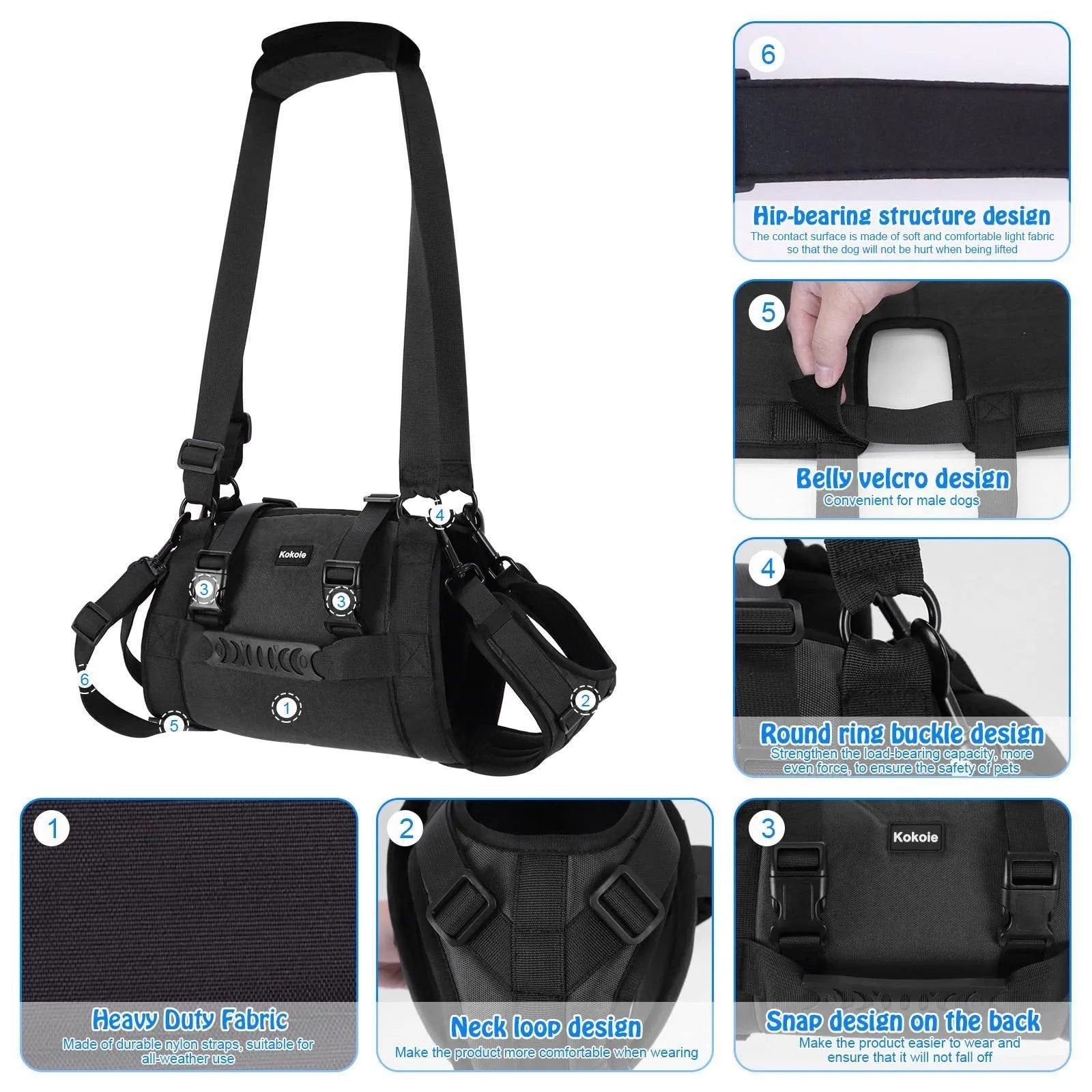 Black Oxford cloth dog harness with adjustable breast strap and leg support design