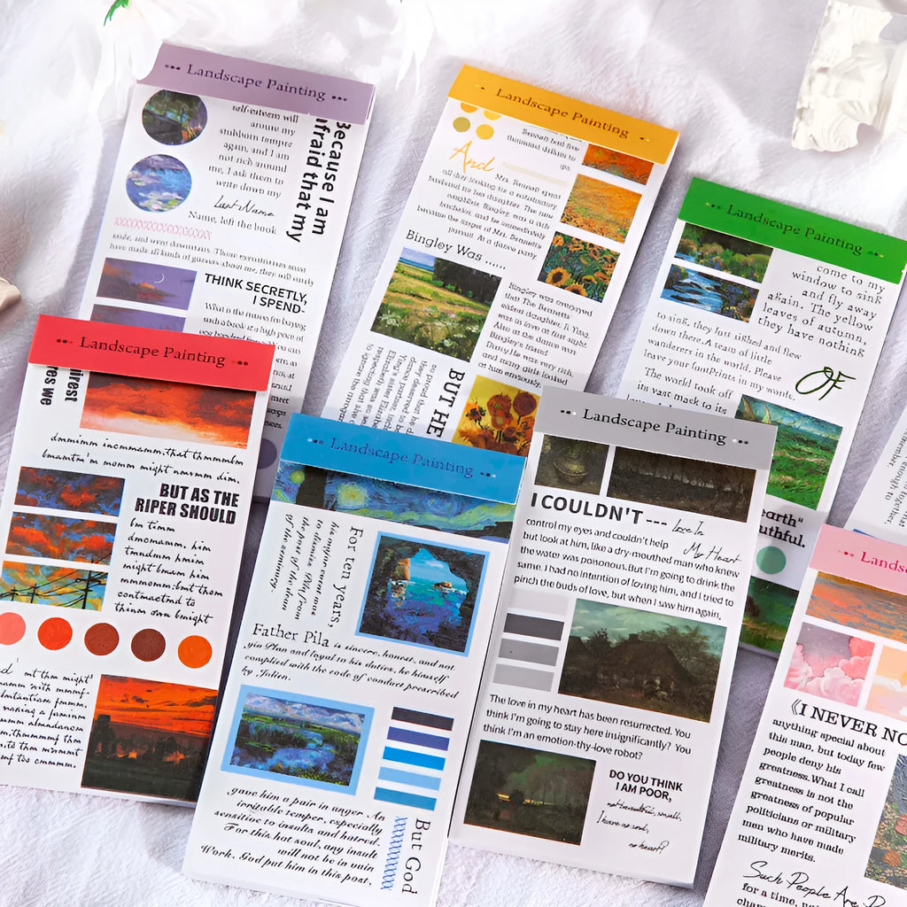 Pack of twenty rectangular paper stickers depicting landscape paintings, each measuring 60 by 120 millimetres.