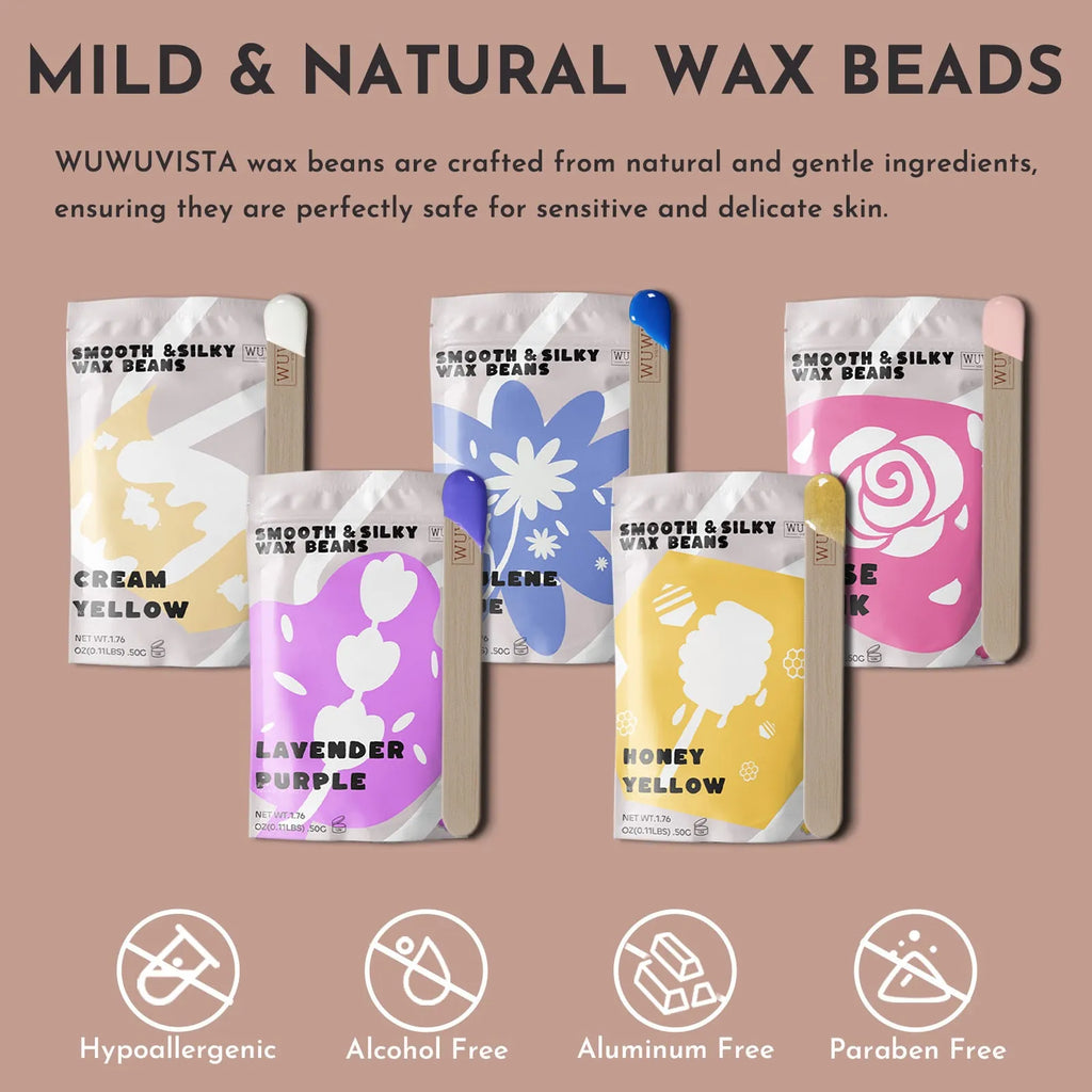 Professional waxing kit with black wax warmer, pots of hard wax beans, applicator sticks and post-care products on a pink background.