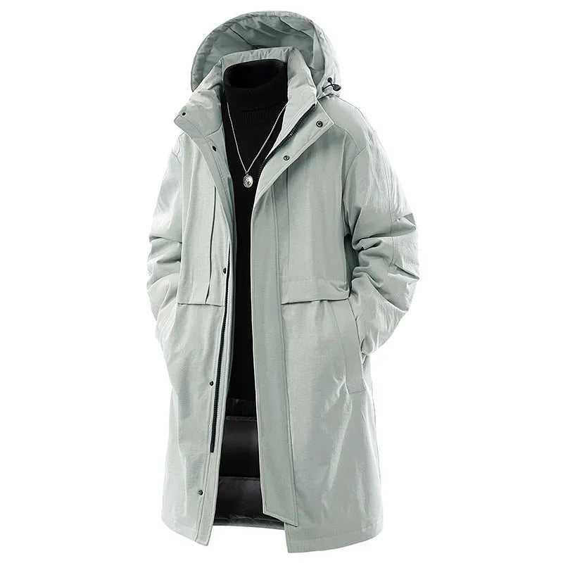Men's loose fit windproof thickened polyester fibre winter coat in army green, front view with side pockets