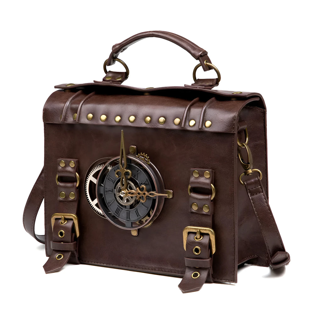 Bronze steampunk industrial retro shoulder bag with metal details and pillow bag shape