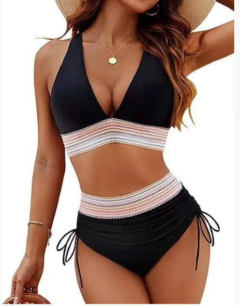 High waisted colour block bikini set with drawstring in polyester fabric for swimming