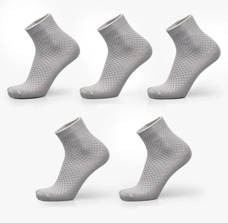 Men's bamboo fibre business socks with small square pattern in black, navy blue, and grey colours.