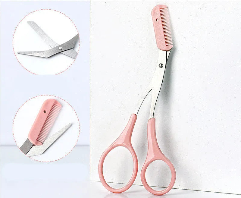 Close-up of a white and pink eyebrow trimming knife with a small curved plastic comb on a plain background.