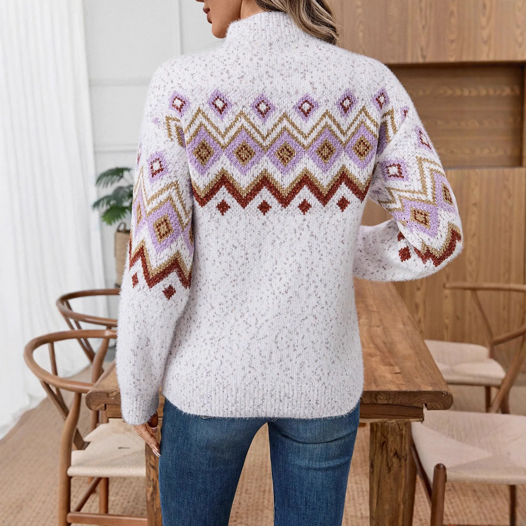 White geometric pattern Jacquard sweater with half turtleneck and loose street fashion fit