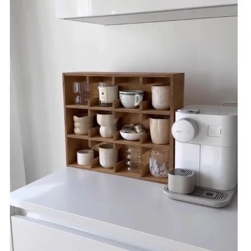 Square birch wood cup storage rack with multiple grid compartments