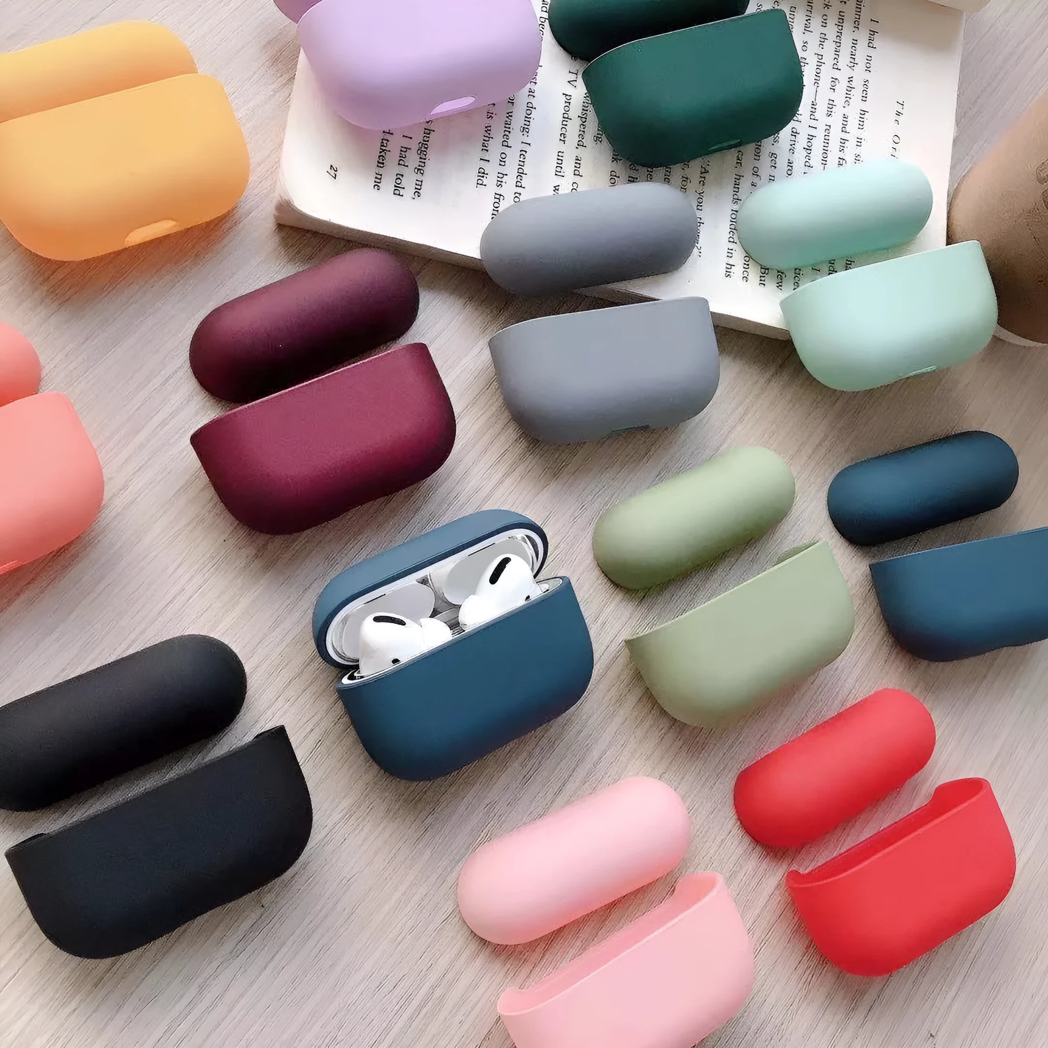 Plastic protective case for Apple AirPods Pro 3 shown in multiple colour options.