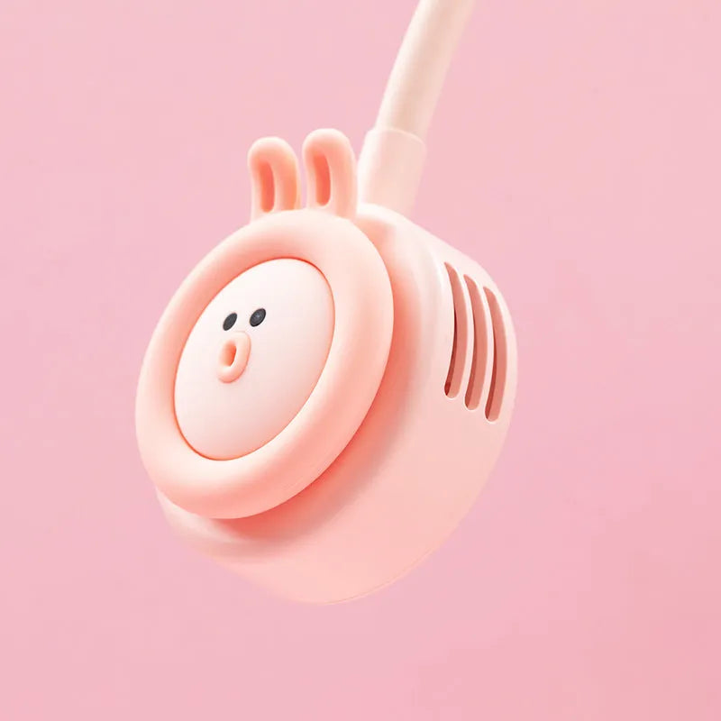 Sanhuo leafless hanging neck fan in pink folded position showing USB port