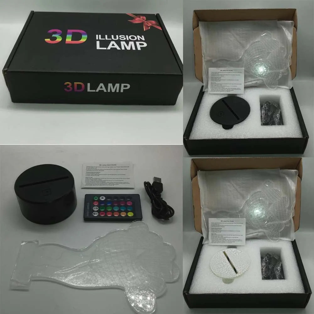 3D rose-shaped LED night light with remote control on a table, displaying a purple glow.