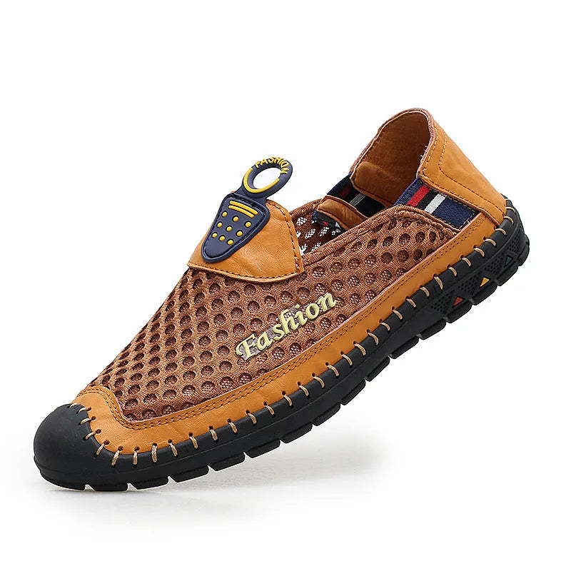 Men's brown casual shoes with mesh upper and rubber sole, showing round toe and stitching detail