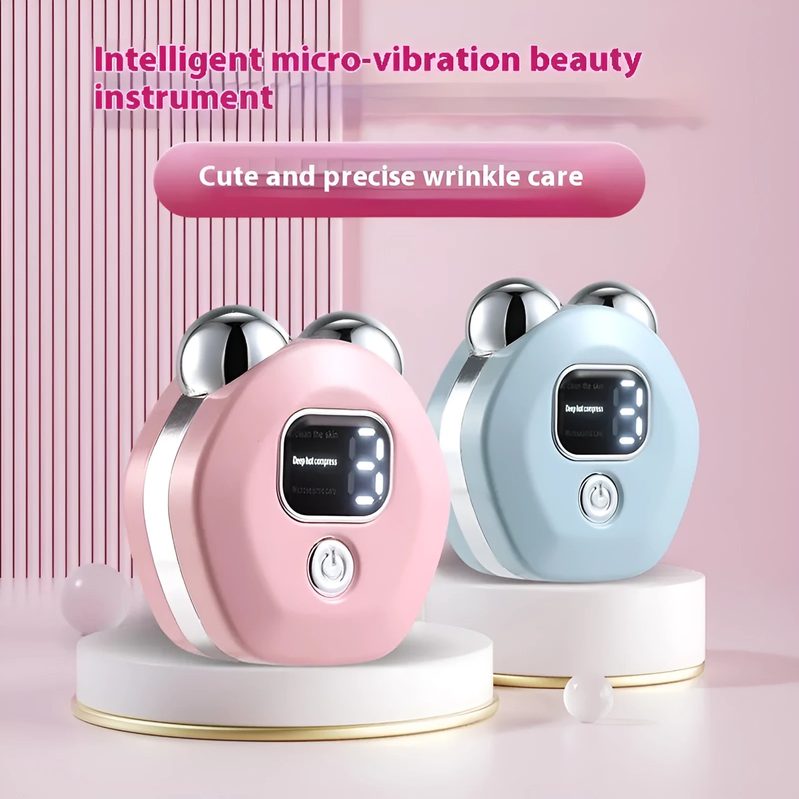 Portable white facial massage instrument with double-roller head for hot compress and microcurrent treatment.