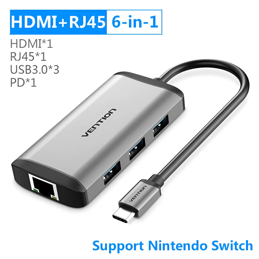 Deep grey USB-C multi-port hub showing HDMI, USB, Ethernet, and card reader ports on a compact rectangular body.
