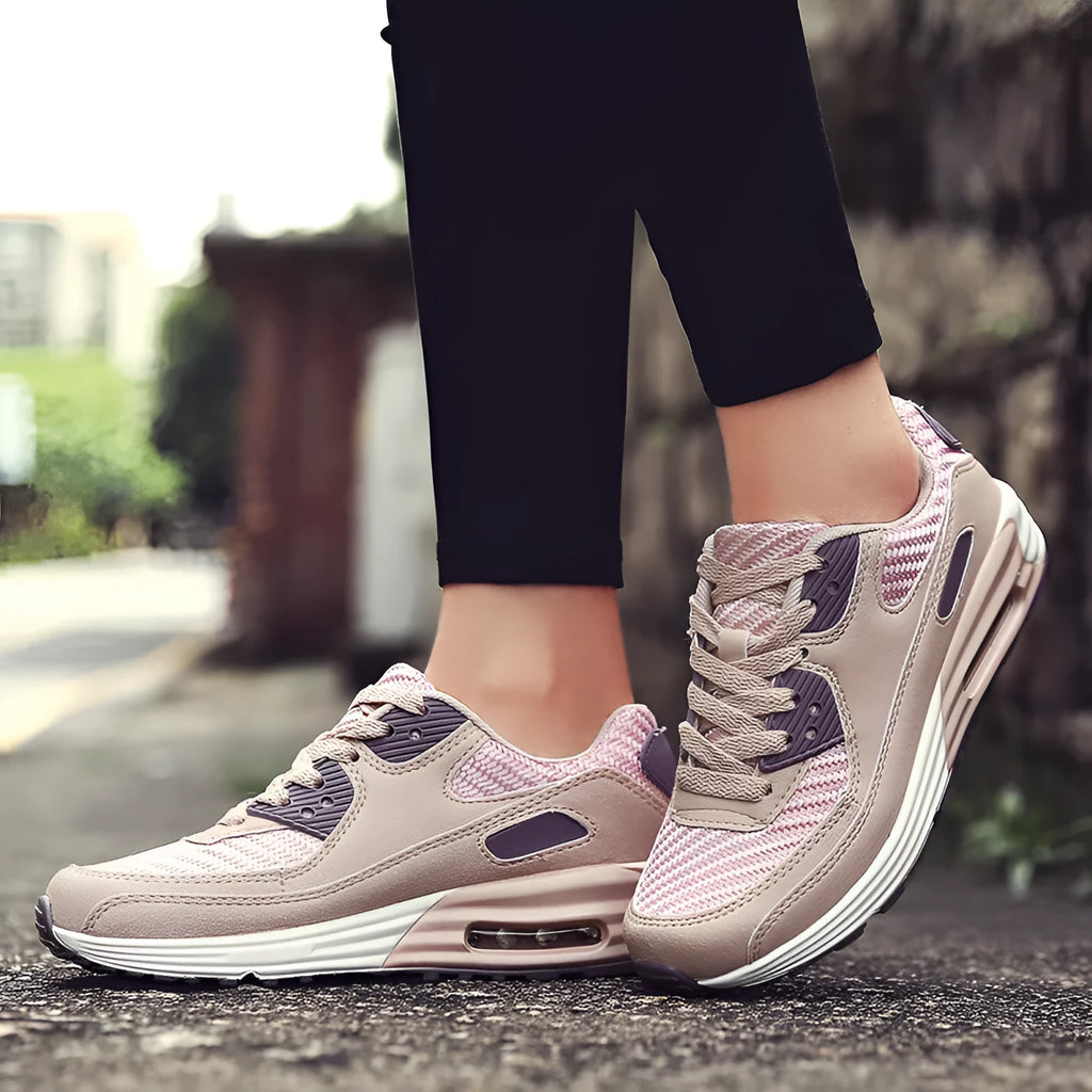 Women's low-heel casual shoes in beige, grey, and pink purple, showing a 3.5cm heel.