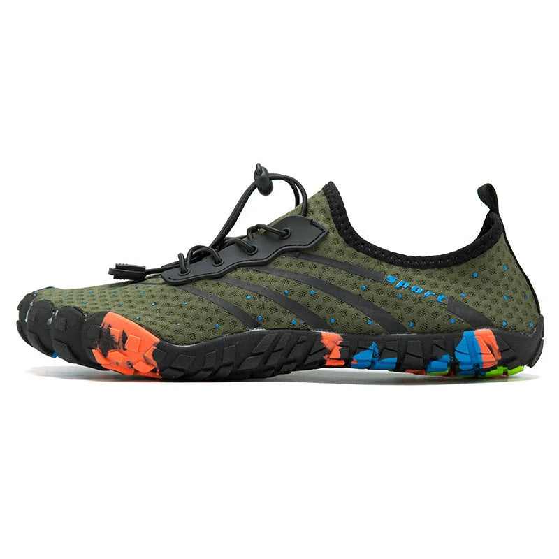 Low-top fast drainage beach swimming shoes in army green with mesh upper and rubber sole.