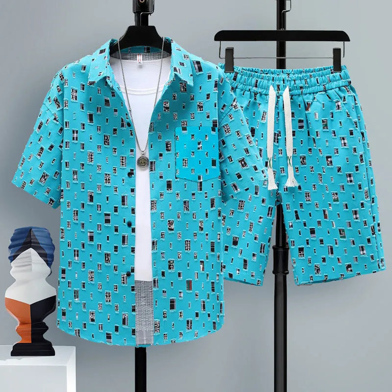 Men's casual sports two-piece set with short-sleeve top and matching shorts