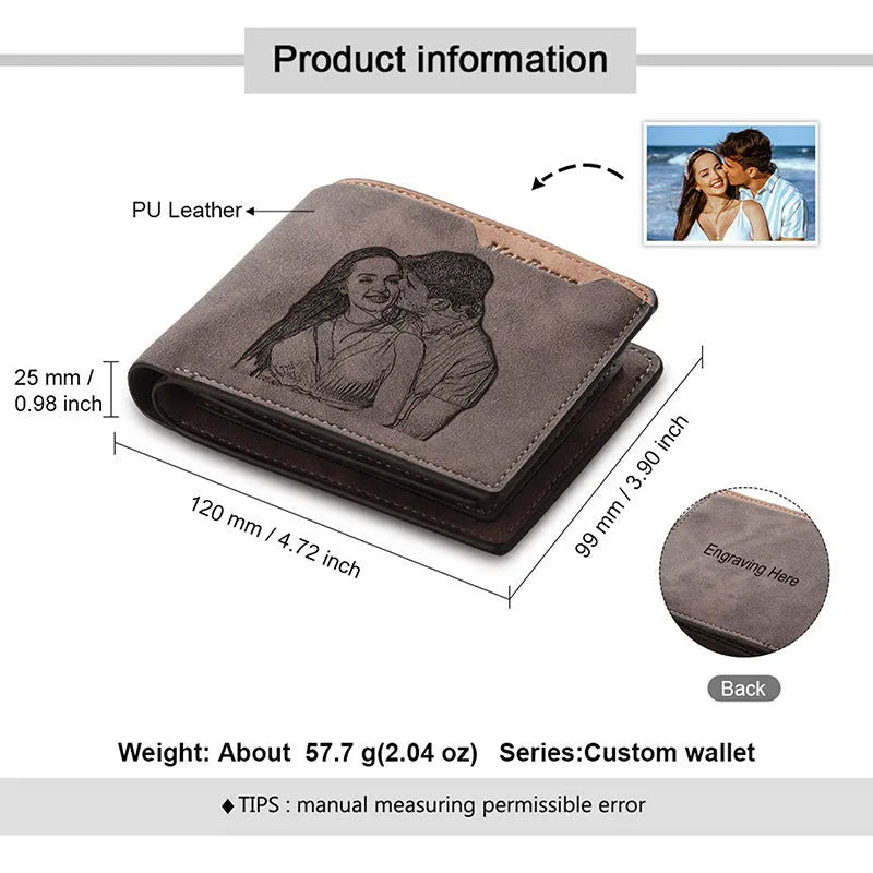 Engraved coffee-colour horizontal PU wallet showing custom photo personalisation.