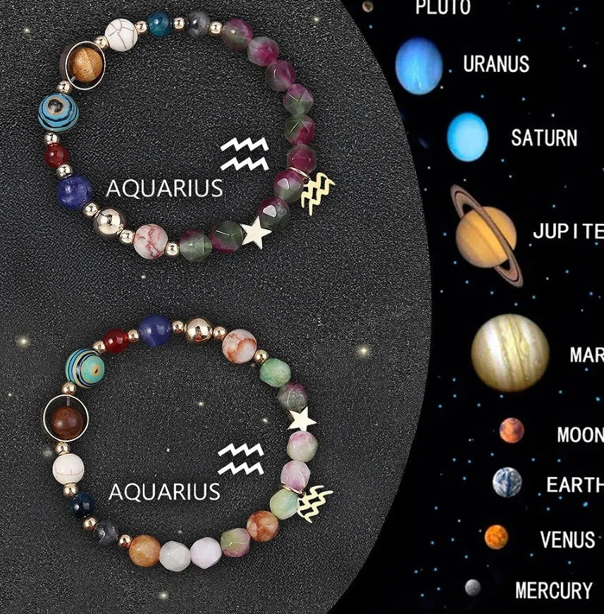 Two natural stone beaded bracelets showcasing zodiac sign designs on a selection card.
