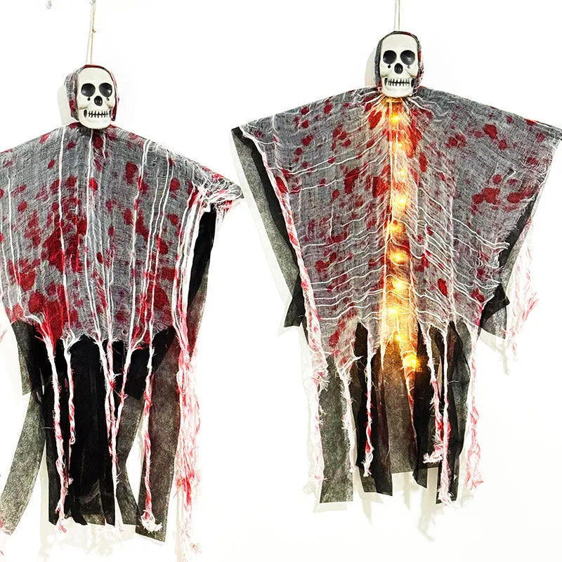 Plastic Halloween decoration featuring a blood-dyed luminous skull on a hanging ghost figure for outdoor displays.