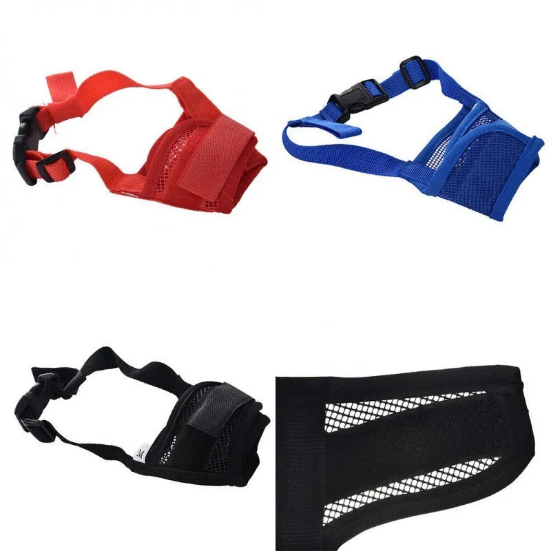 Adjustable plastic dog safety muzzle in cage design available in multiple colours and sizes