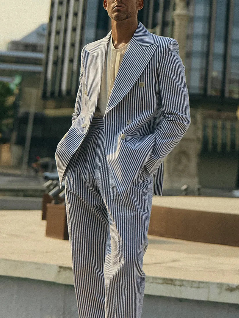 Blue and white striped polyester suit set with matching blazer and trousers for regular fit daily wear