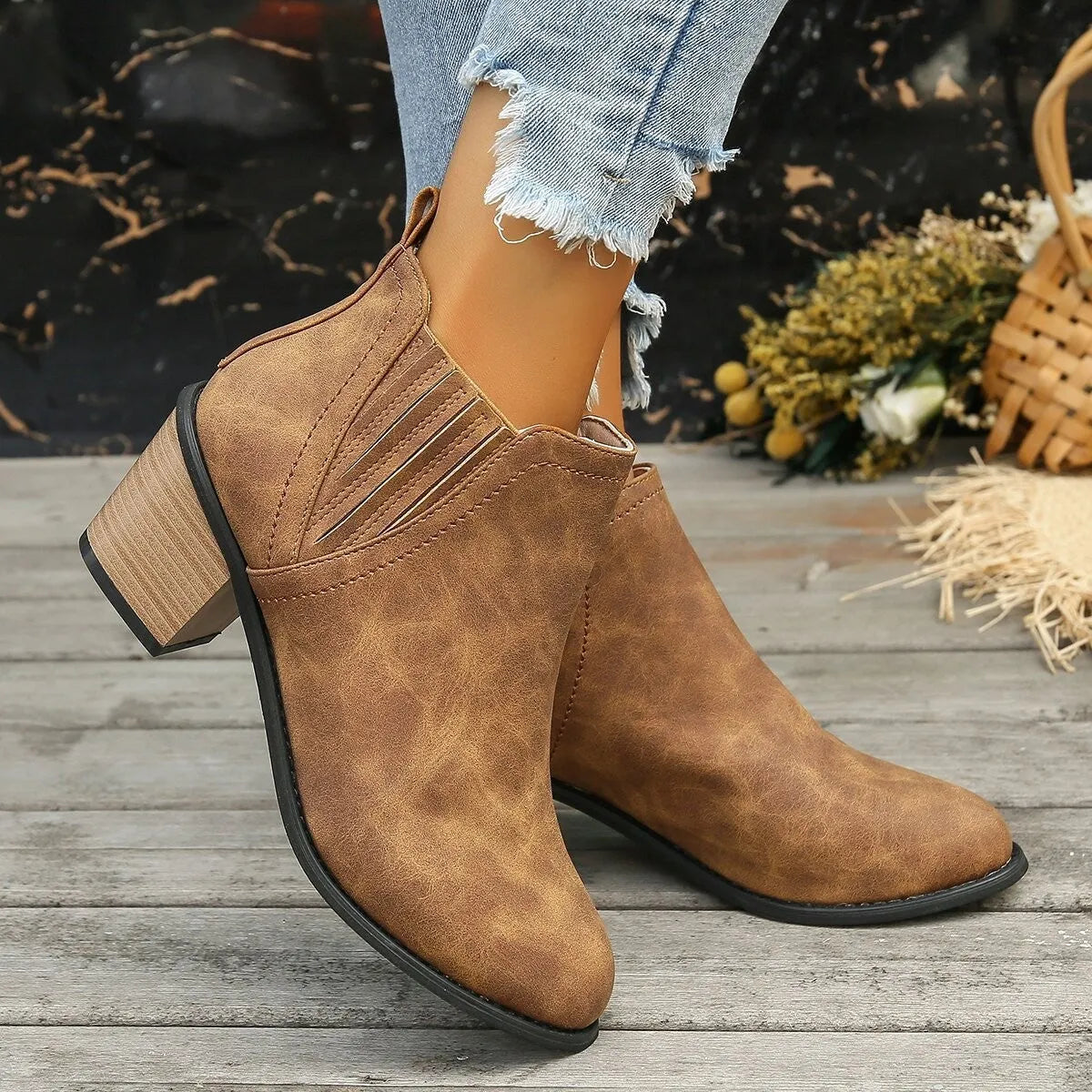 Women's black ankle boots with pointed toe and thick square slip-on heel