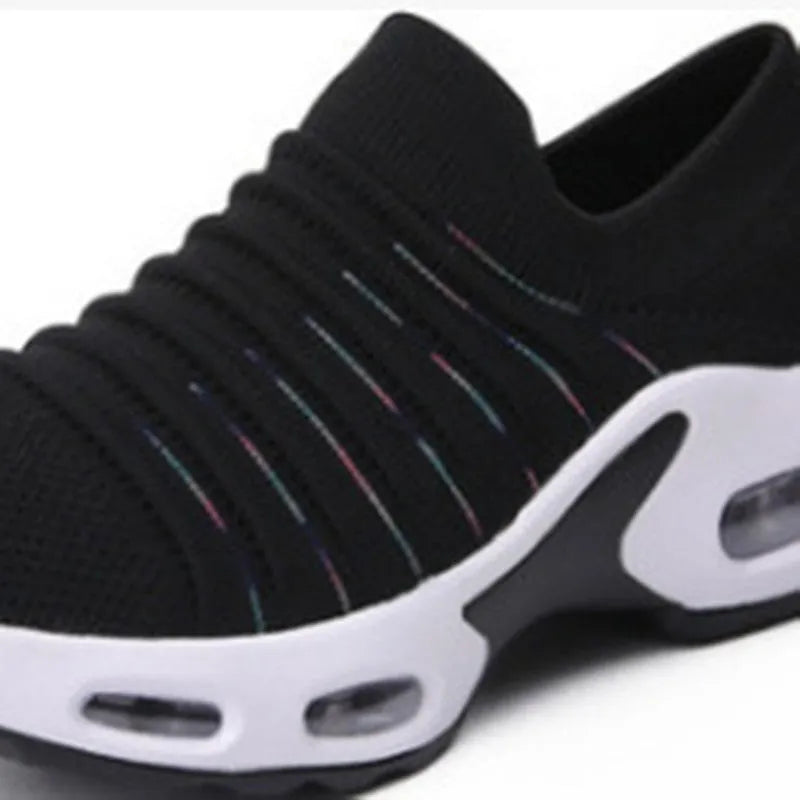 Plus size women's fly-knit sock shoes in stretch mesh with low heel and round toe