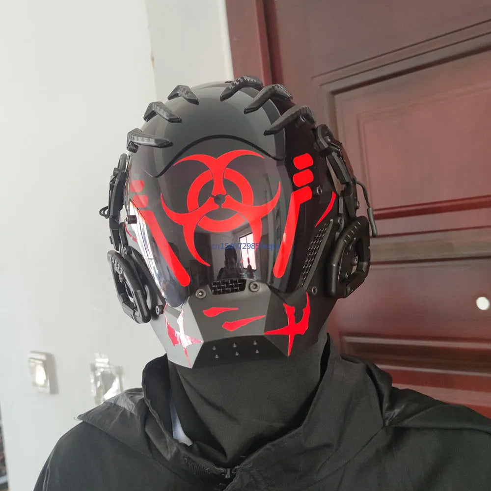Black cyberpunk-style full face prop mask helmet model CYBER04 for cosplay and parties.