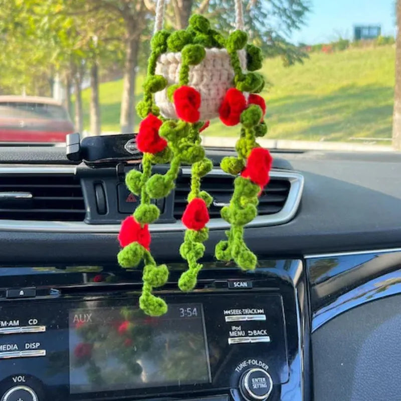 Green and white knitted wool car plant decoration with 25cm hanging rope