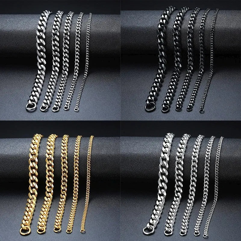 Six-sided Cuban link chain metal bracelet shown in gold, black and steel colour finishes with different width options.