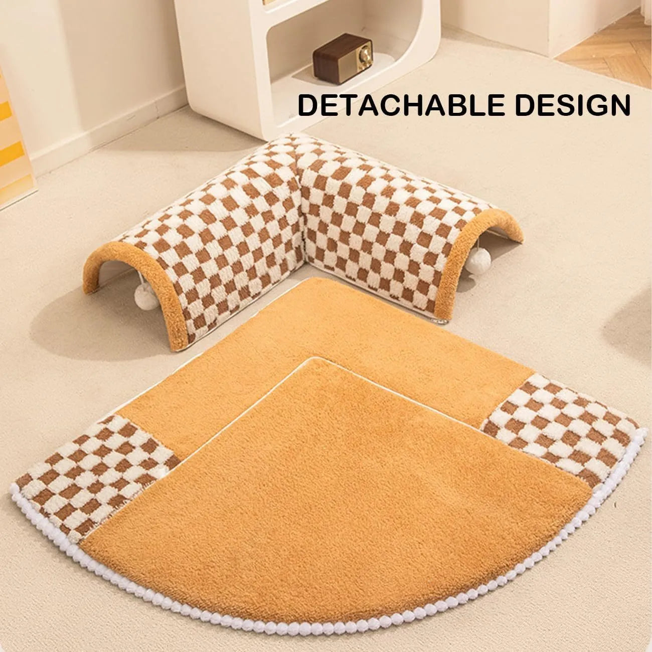Coffee-coloured plush pet bed with integrated tunnel and anti-slip base for dogs and cats