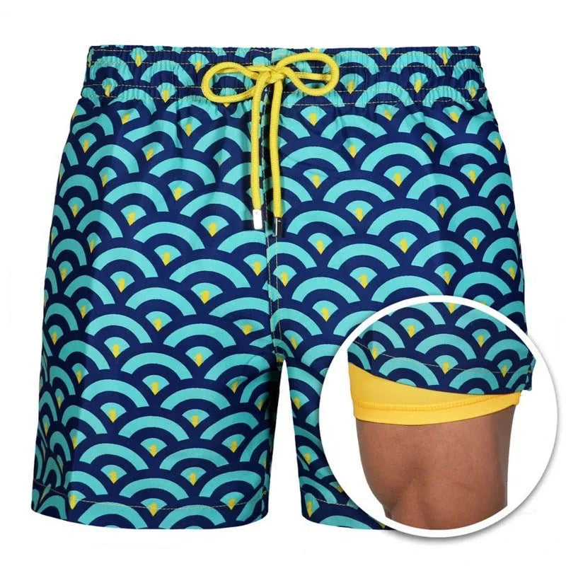 Men's cotton blend double-layer striped beach shorts in summer colour options with straight-leg cut