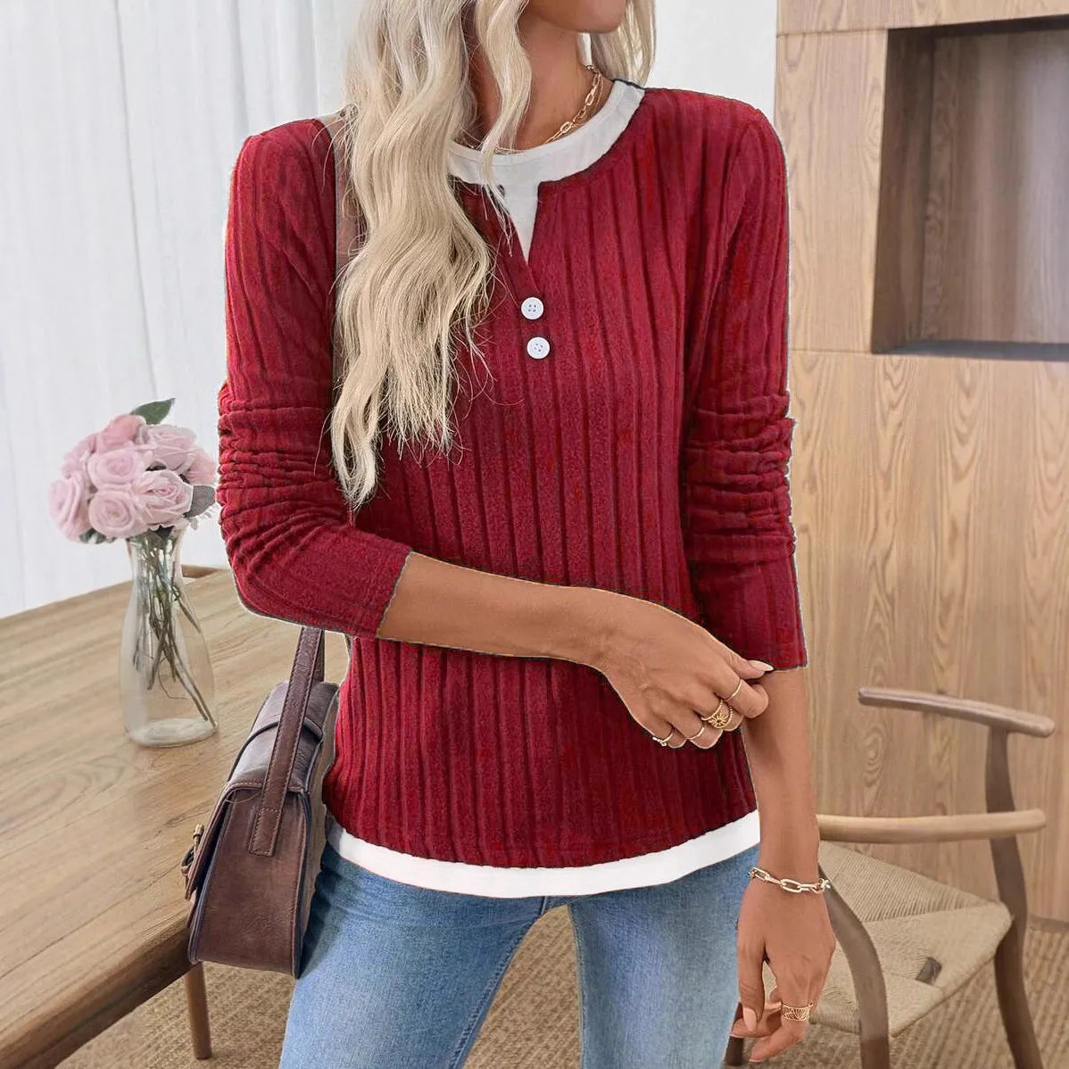 Women's fake two-piece round neck button pullover sweater in concave stripe polyester