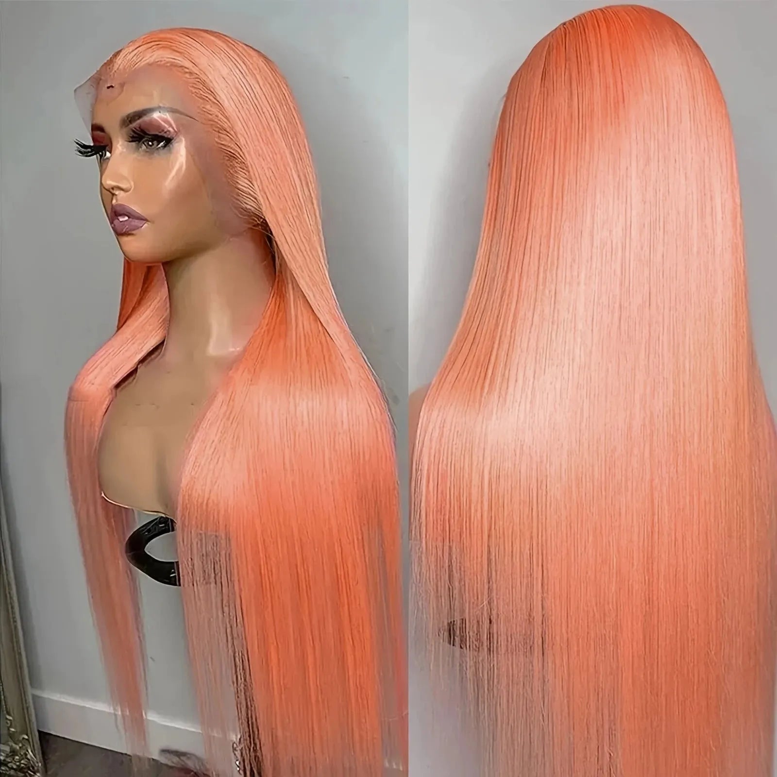 Light orange long straight synthetic wig with front lace and side bangs on a wig stand.