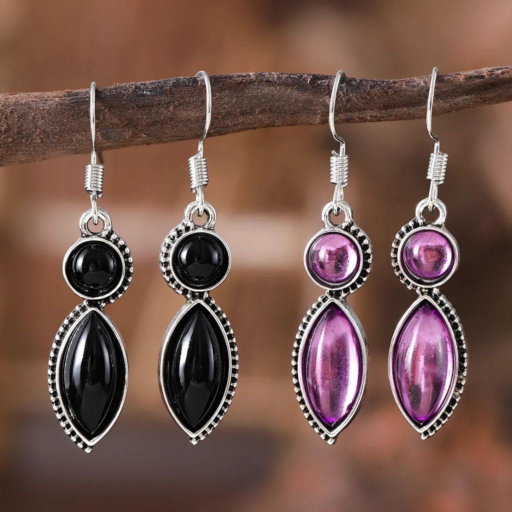A pair of black and purple geometric vintage pendant earrings with a round detail, made from zinc alloy.