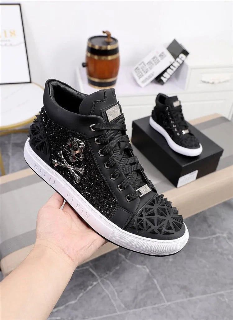 Men's black high-top skeleton shoes with genuine leather upper and lace-up closure